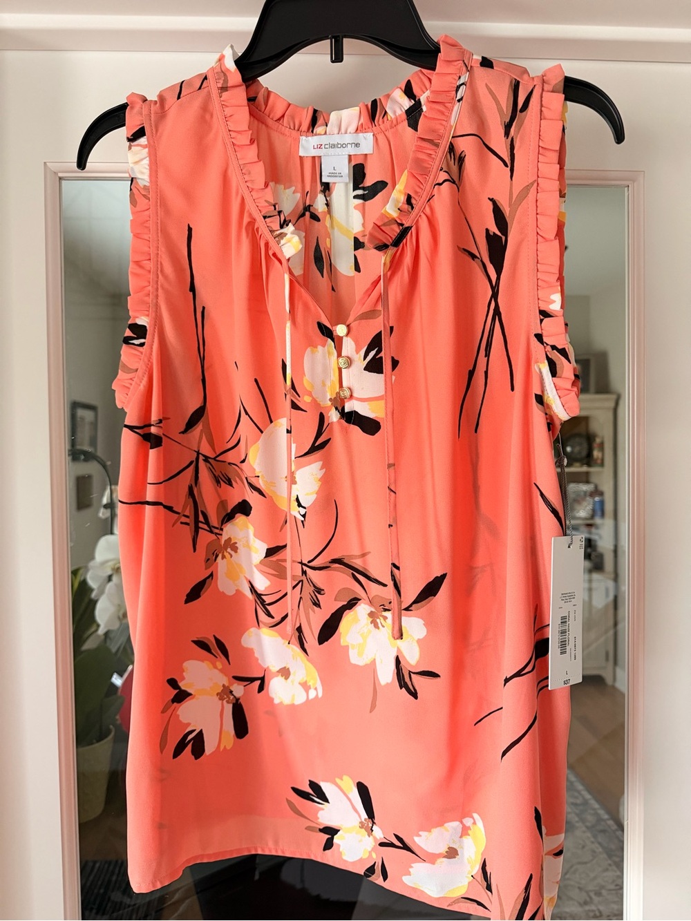 Liz Claiborne Coral Haze Floral Ruffle Sleeveless Blouse | Size Large | NWT